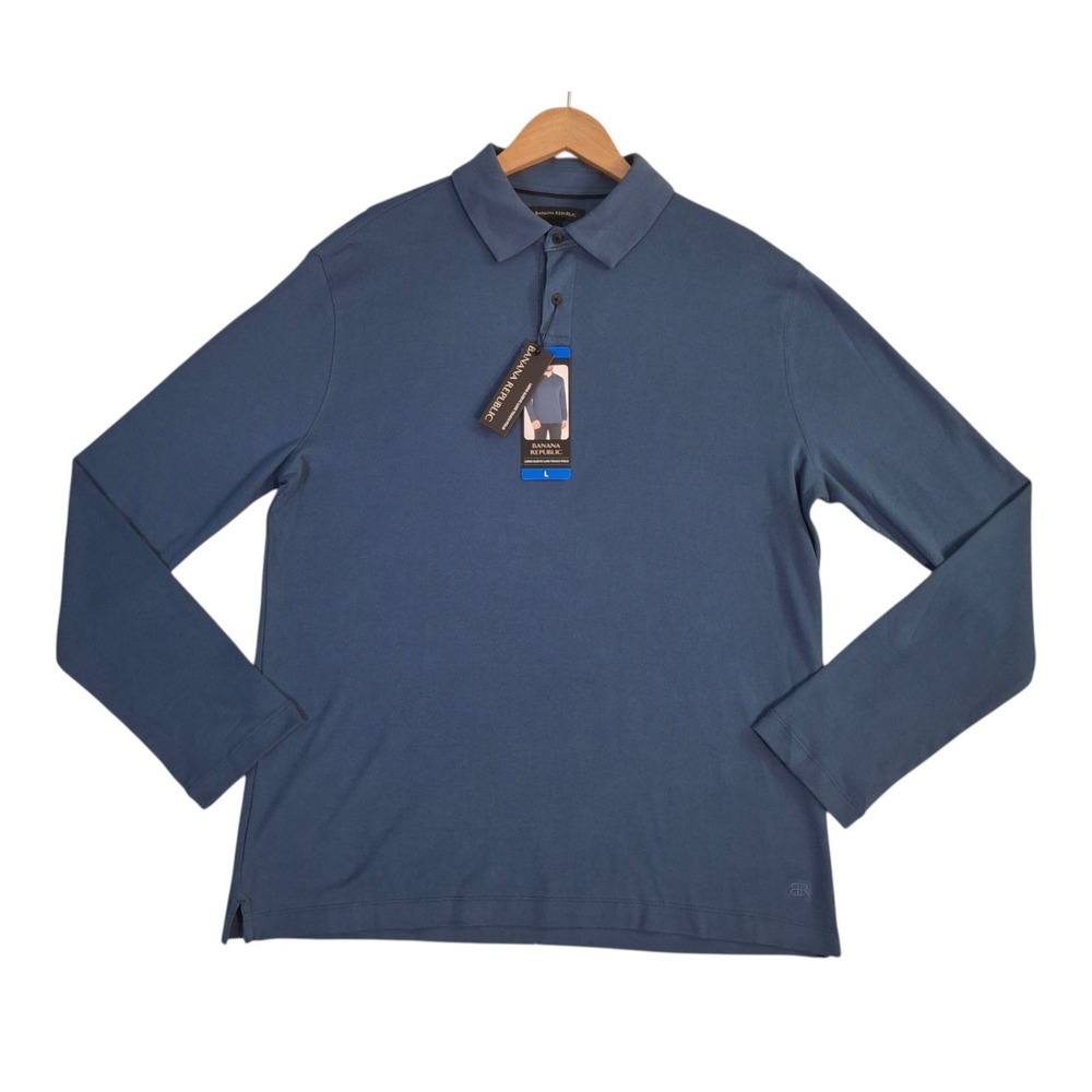 Banana Republic Luxe Touch Long Sleeve Polo Shirt Mens Large Blue L Spot NWT